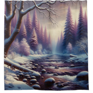“Snowy River in Lavender Winter Forest” Shower Curtain