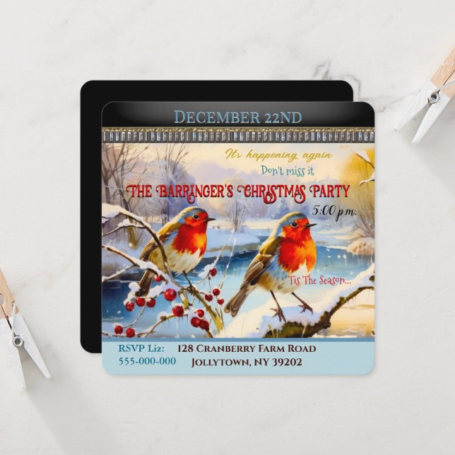 Snowy Robins Christmas Party Invitation (Front/Back In Situ)