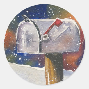 Snowy Rural Mailbox Classic Round Sticker