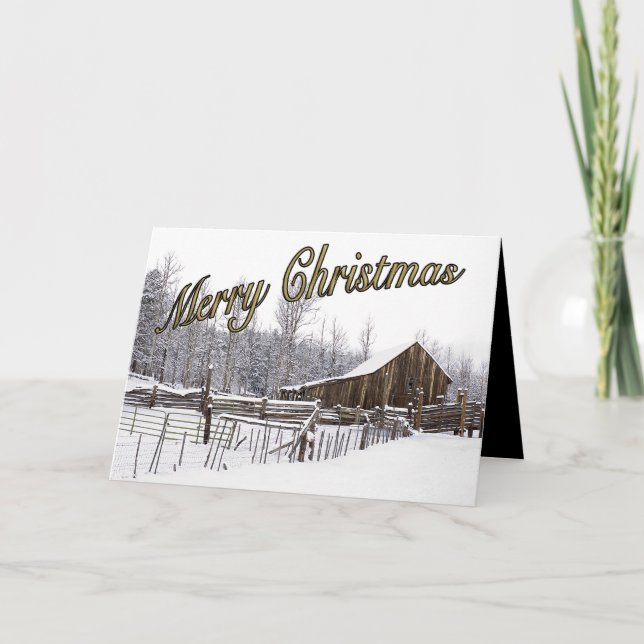 Snowy Rustic Countryside Barn Typography Custom Holiday Card (Front)