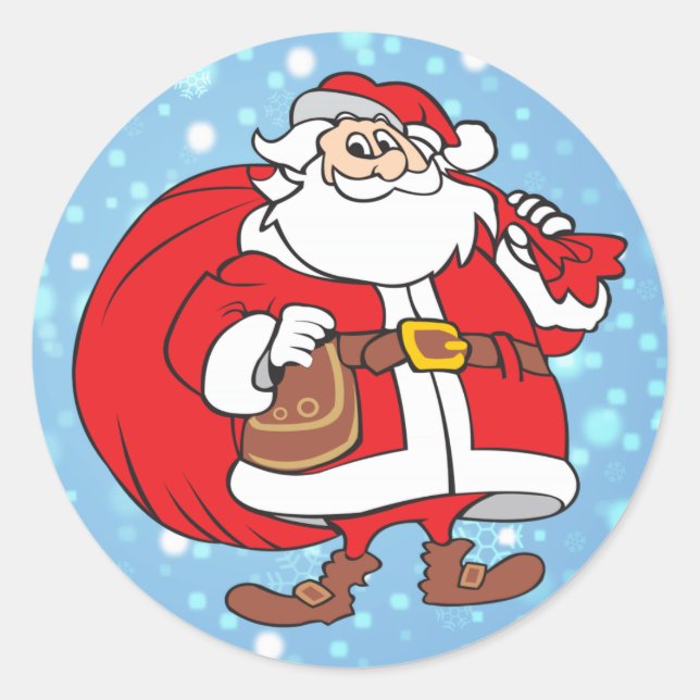 Snowy Santa and his big bag of gifts Classic Round Sticker (Front)