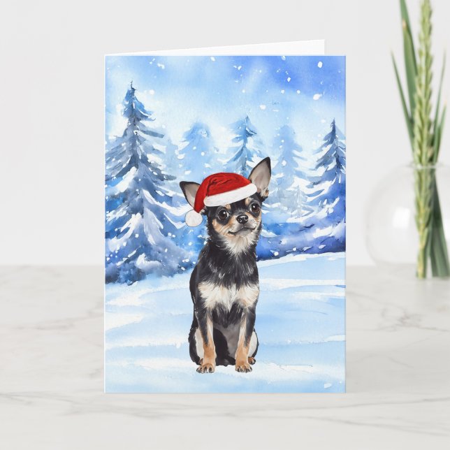 Snowy Santa Chihuahua Watercolor Christmas Card (Front)
