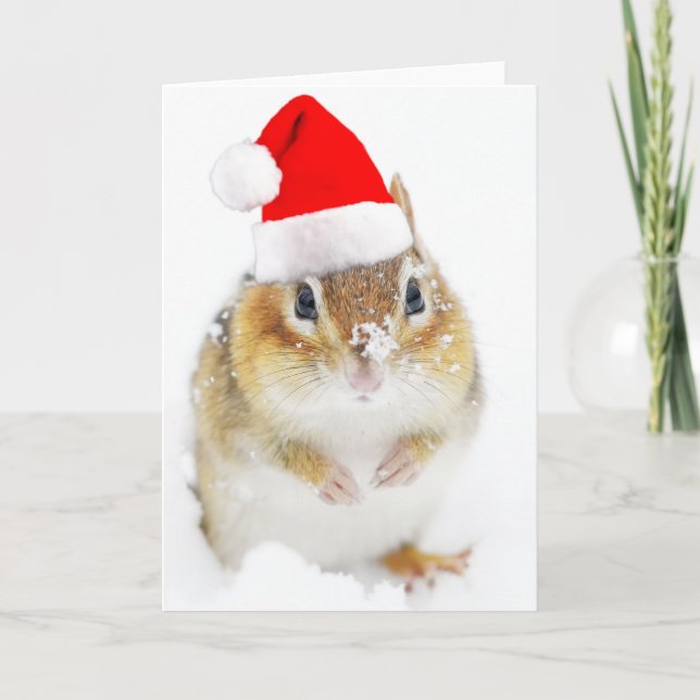 Snowy Santa Chipmunk Holiday Card (Front)