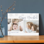 Snowy Script | 2 Photo Happy Hanukkah Holiday Card<br><div class="desc">Simple and modern Hanukkah card design features two of your favourite photos with an offset alignment, framed by falling snowflakes. "Happy Hanukkah" appears in saturated blue casual handwritten script lettering, with your family name and the year at the lower left corner. A unique contemporary design in a horizontal or landscape...</div>