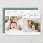 Snowy Script | 2 Photo Happy Hanukkah Holiday Card<br><div class="desc">Simple and modern Hanukkah card design features two of your favourite photos with an offset alignment, framed by falling snowflakes. "Happy Hanukkah" appears in light spruce green casual handwritten script lettering, with your family name and the year at the lower left corner. A unique contemporary design in a horizontal or...</div>