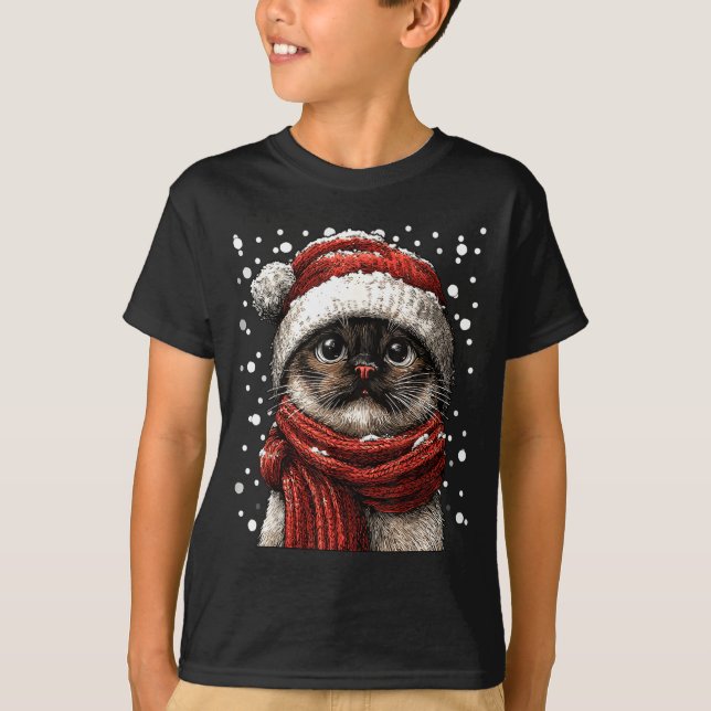 Snowy Siamese Cat With Snow Santa Hat Winter Chris T-Shirt (Front)