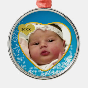 Snowy Sky Blue Baby's First Christmas Photo Heart Metal Tree Decoration