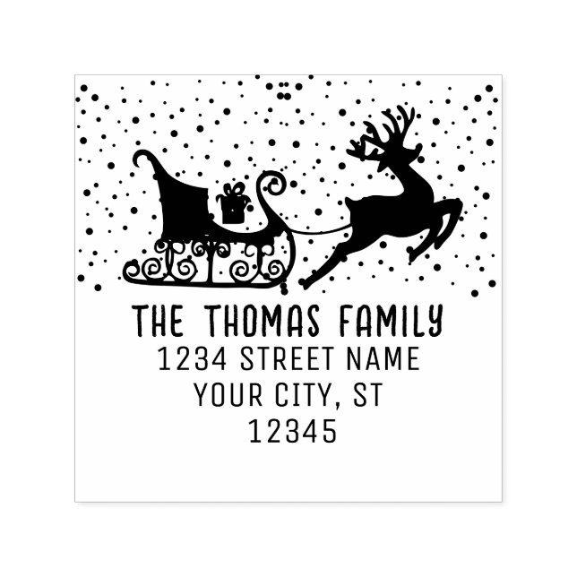 Snowy Sleigh & Reindeer Christmas Name Address Self-inking Stamp (Design)