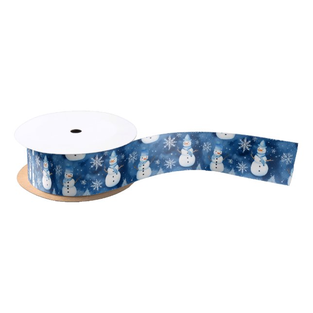 Snowy Snowmen Blue Winter Christmas Pattern Satin Ribbon (Spool)