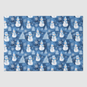 Snowy Snowmen Blue Winter Christmas Pattern Tissue Paper