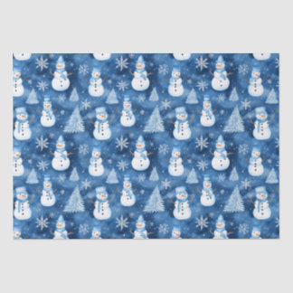 Snowy Snowmen Blue Winter Christmas Pattern Tissue Paper