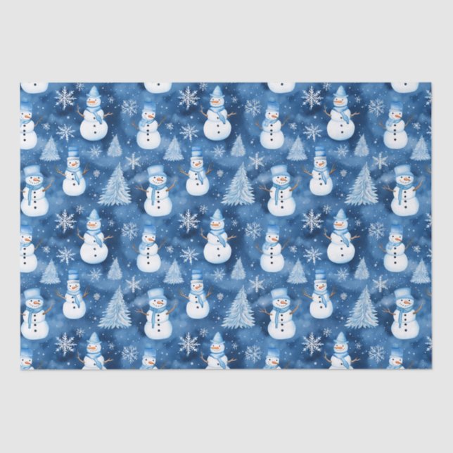 Snowy Snowmen Blue Winter Christmas Pattern Tissue Paper (Front)