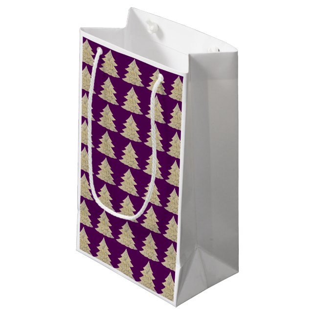 Snowy sparkle spruce on purple small gift bag (Front Angled)