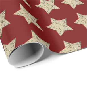 Snowy sparkly stars on red wrapping paper