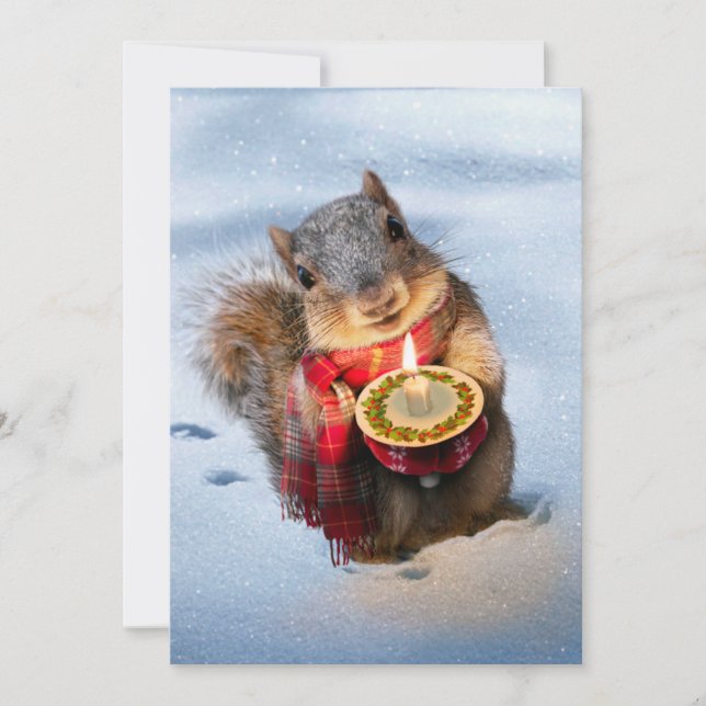 Snowy Squirrel Holding Candle Invitation (Front)