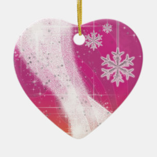 Snowy Star Ribbon (pink & yellow) customise Ceramic Tree Decoration