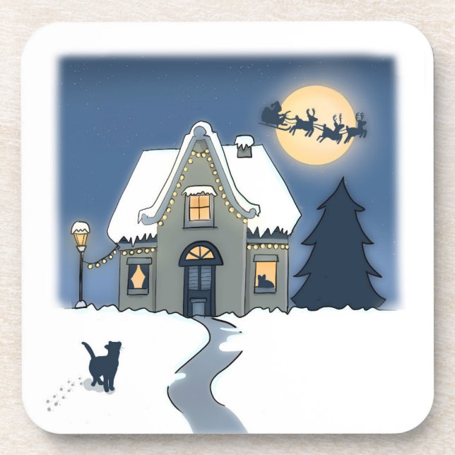 Snowy, Starry Night, with Cat and Santa Sleigh  Coaster (Front)