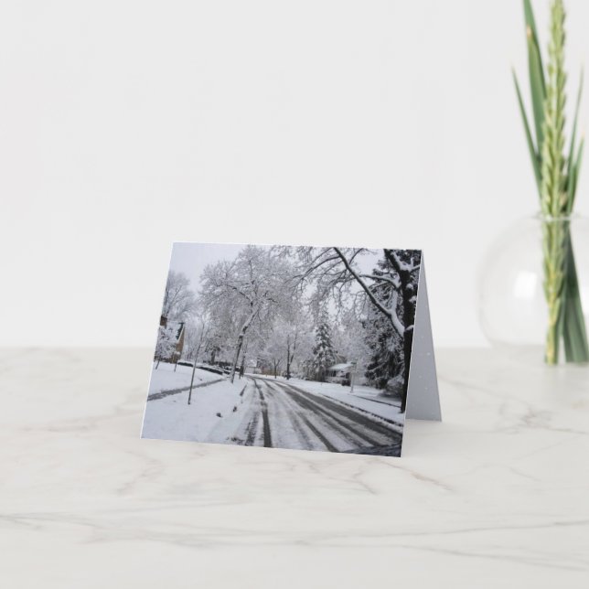 Snowy Street Pine Trees Winter Scene Card (Front)