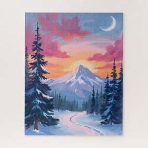 Snowy Summit Sunset Winter Landscape Painting Jigsaw Puzzle