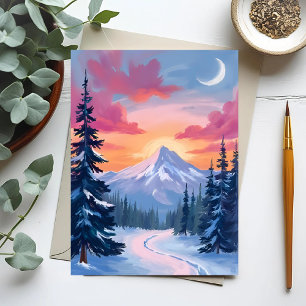 Snowy Summit Sunset Winter Landscape Painting Postcard