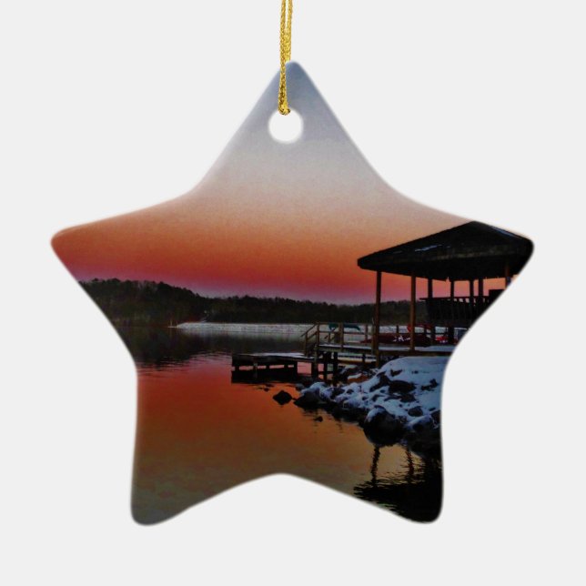 Snowy Sunset at Lake Arrowhead dock Ceramic Tree Decoration (Front)