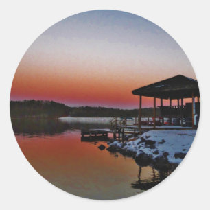 Snowy Sunset at Lake Arrowhead dock Classic Round Sticker
