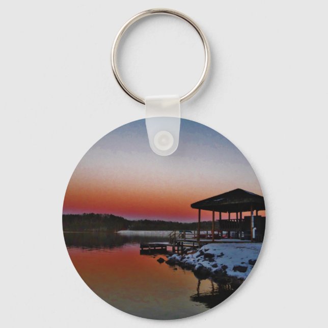 Snowy Sunset at Lake Arrowhead dock Key Ring (Front)