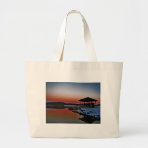 Snowy Sunset at Lake Arrowhead dock Large Tote Bag
