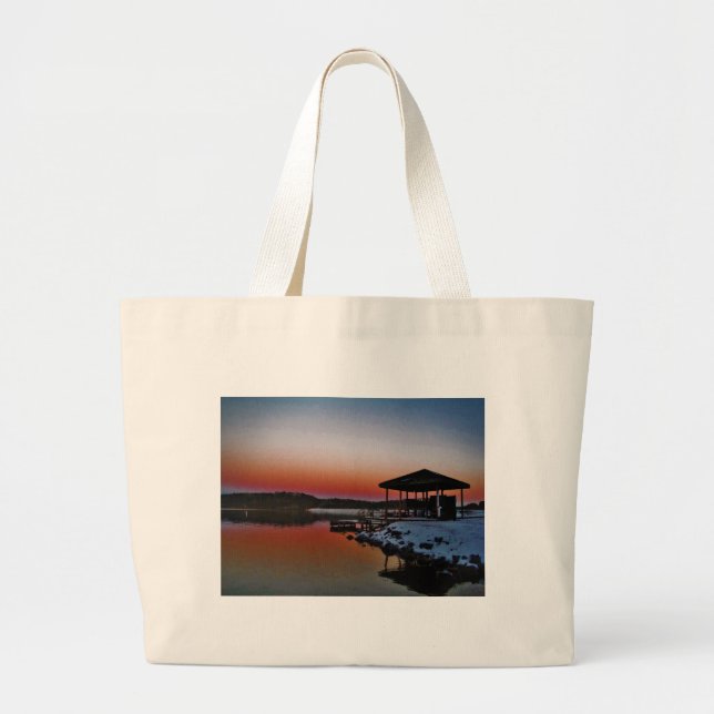 Snowy Sunset at Lake Arrowhead dock Large Tote Bag (Front)