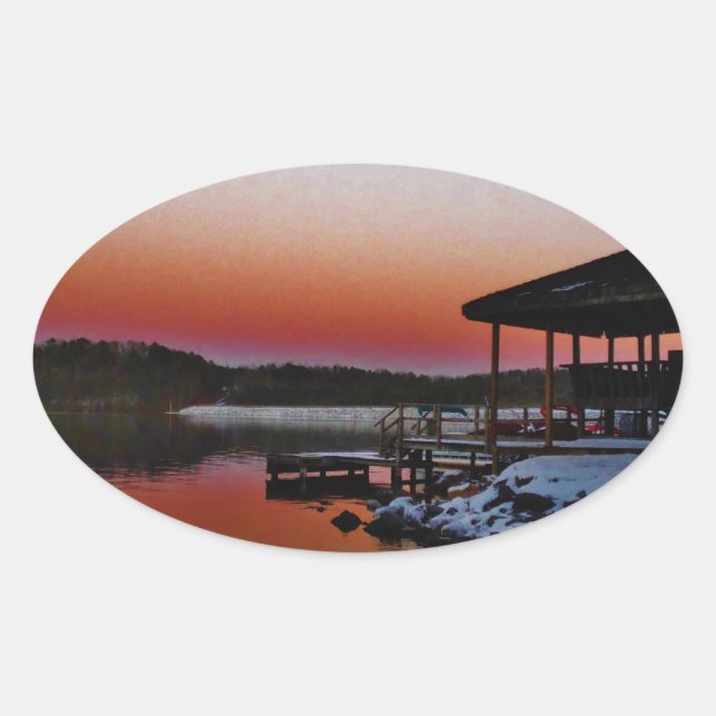 Snowy Sunset at Lake Arrowhead dock Oval Sticker (Front)