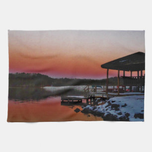Snowy Sunset at Lake Arrowhead dock Tea Towel