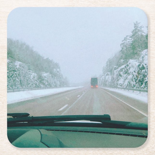 Snowy Swedish Road Trip Square Paper Coaster (Front)