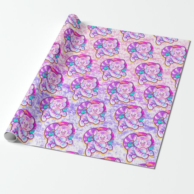 Snowy Tiger Cute Neon Kidcore Wrapping Paper (Unrolled)
