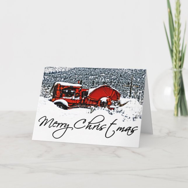 Snowy Tractor Christmas Holiday Card (Front)