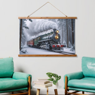 Snowy Train in Winter Landscape Hanging Tapestry