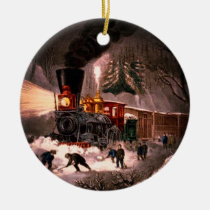 Snowy Train Scene Ceramic Tree Decoration