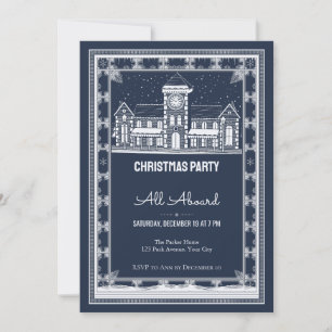 Snowy Train Station Christmas Party Invitation