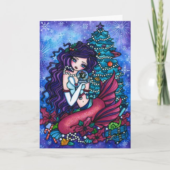 Snowy Treasures Fantasy Mermaid Orca Christmas Holiday Card (Front)