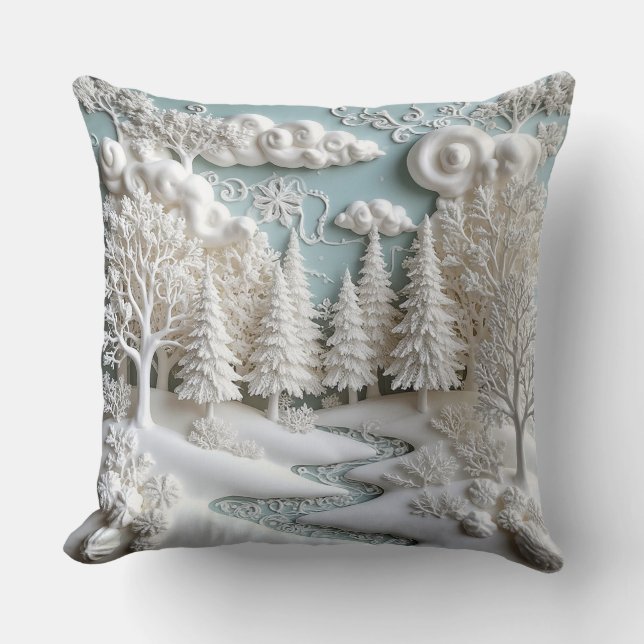 Snowy Trees and Frosty Patterns Cushion (Front)