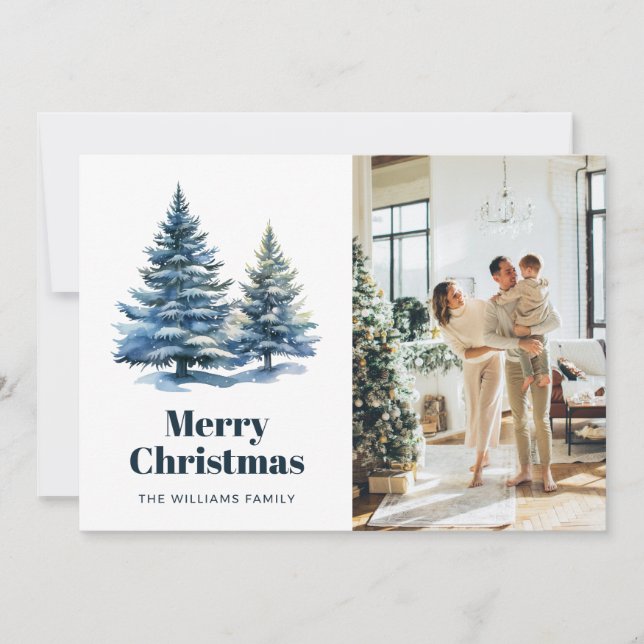 Snowy Trees Poinsettia Photo Christmas Card (Front)