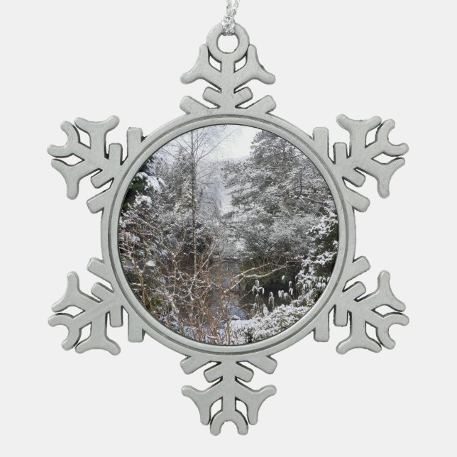 Snowy Trees Snowflake Pewter Christmas Ornament (Front)
