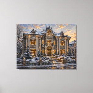 Snowy Victorian Mansion Oil Painting Canvas Print