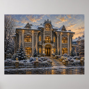 Snowy Victorian Mansion Oil Painting Poster