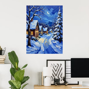 Snowy Village at Night Poster