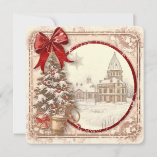 Snowy Village & Christmas Tree – Vintage Holiday Card