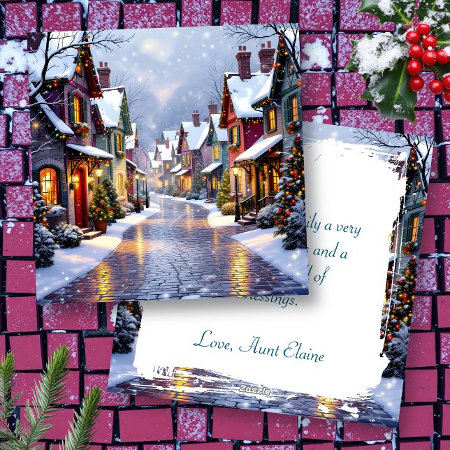 Snowy Village Cobblestone Street Christmas Holiday Card (Creator Uploaded)