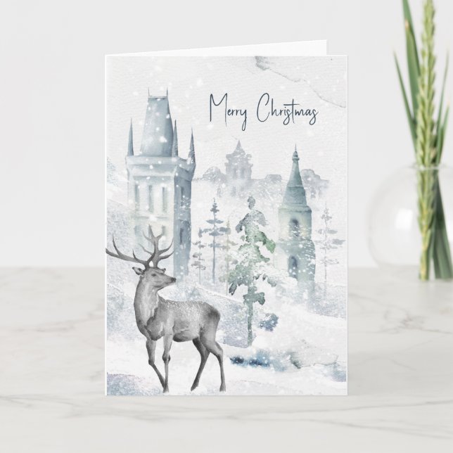 Snowy Village Deer Watercolor Merry Christmas  Holiday Card (Front)