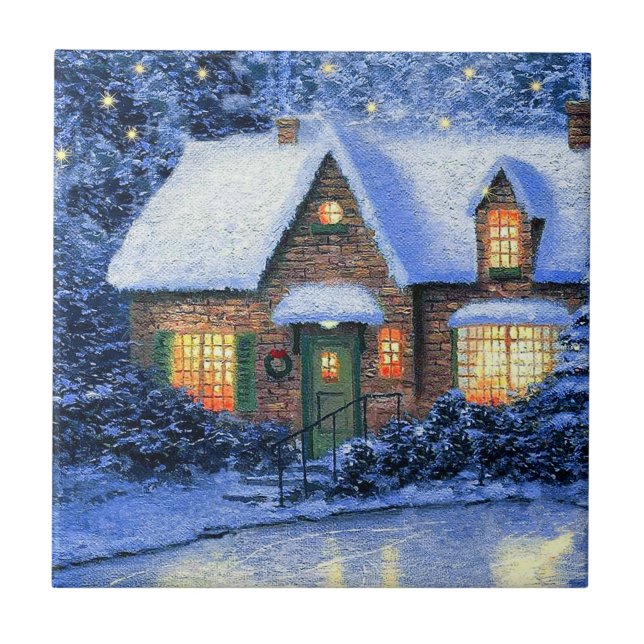 Snowy Village Scene Christmas Gift Ceramic Tiles (Front)