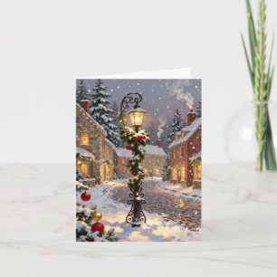 Snowy Village Scene with Lamppost Holiday Card