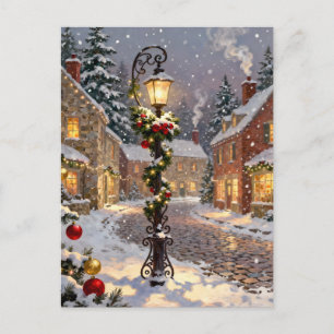 Snowy Village Scene with Lamppost  Holiday Postcard